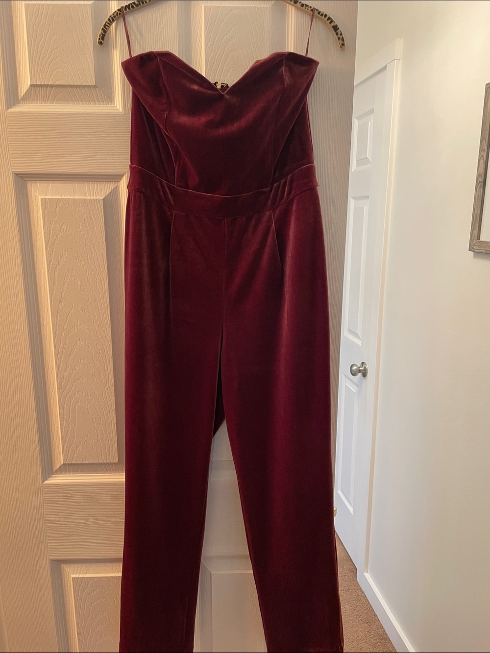 Express Strapless Velvet Jumpsuit in Wine
